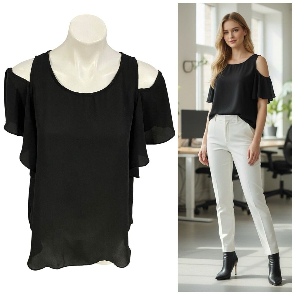 BCX Top Womens XL Black Cold Shoulder Flutter Sleeve Office Casual Whimsigoth